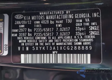 2012 Kia Sorento Lx from USA, damaged, VIN 5XYKT3A1XCG288889